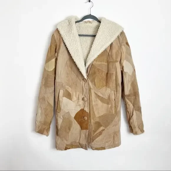 Retro Patchwork Leather Jacket Faux Sherpa Lined Medium - Picture 2 of 14